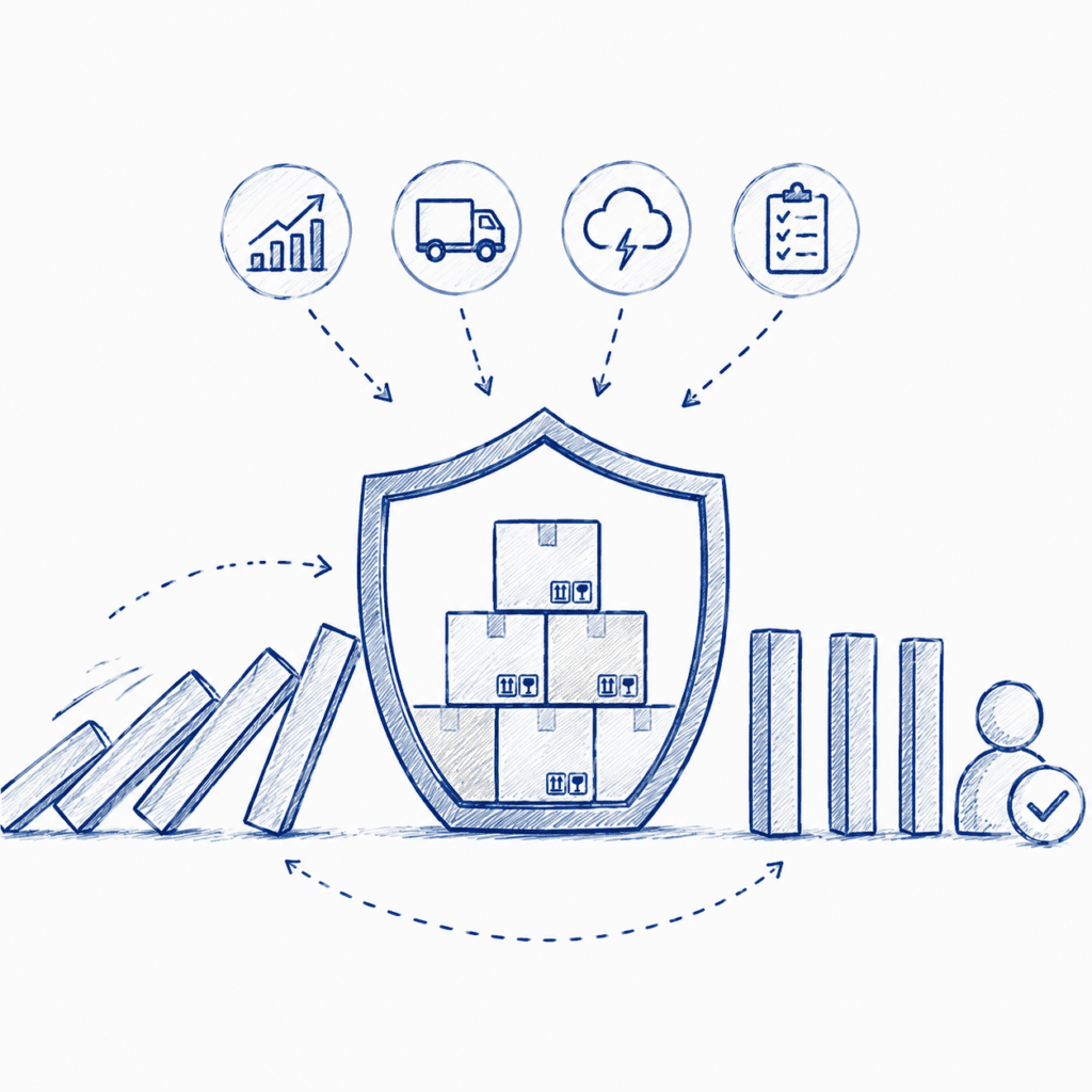 Shield protecting stacked shipping boxes in a supply chain diagram, with icons for growth, truck, cloud, and checklist above it.